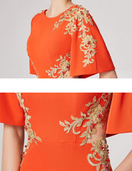 Flowers Gold Wire Embroidery  Backless Short Sleeve Floor-Length Dress