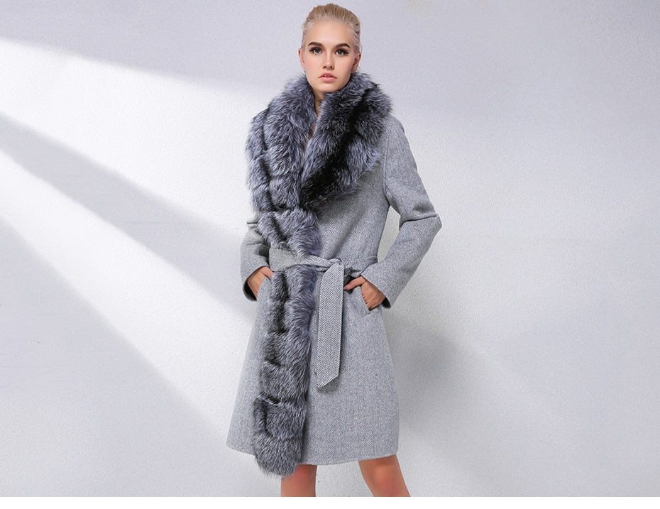 Luxury Cashmere with Large Fox Fur Collar Wool Blend Winter Real Fur Coat