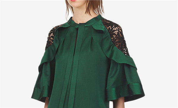 Deep Green Lace Mini  Patchwork Loose  Cloak Sleeve dress