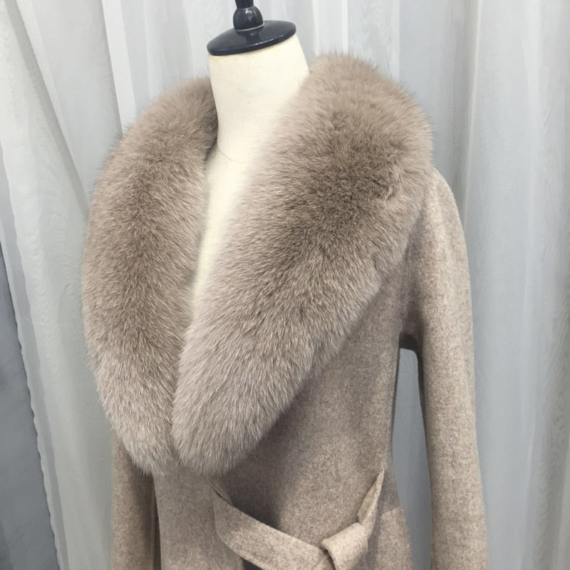 Wool Cloak Fox Fur Collar Removable Woolen Coat