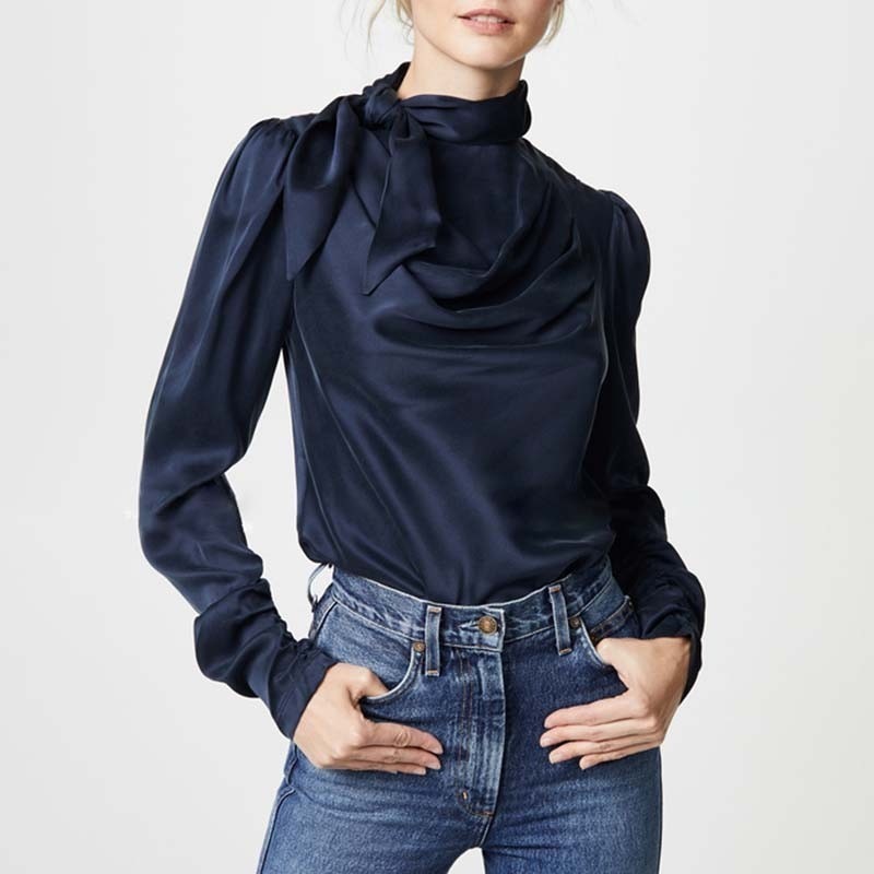 Satin Puff Long Sleeve Lace Up Tops