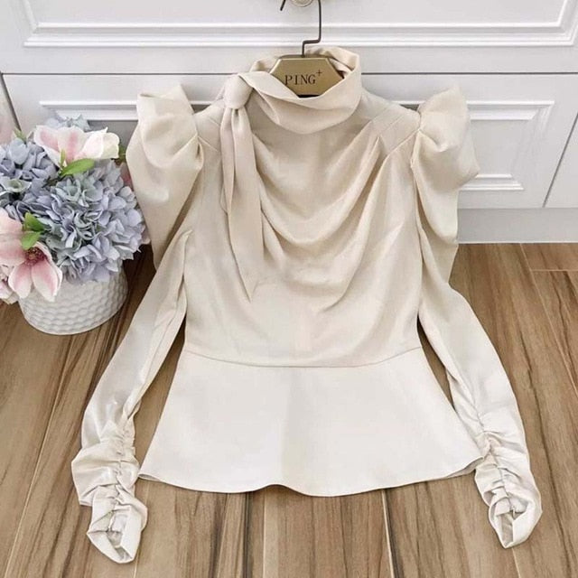 Satin Puff Long Sleeve Lace Up Tops