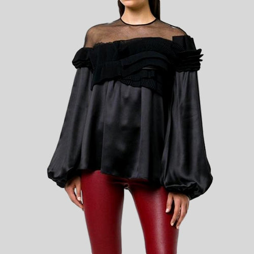 Lantern Long Sleeve Patchwork Mesh Ruffle Top