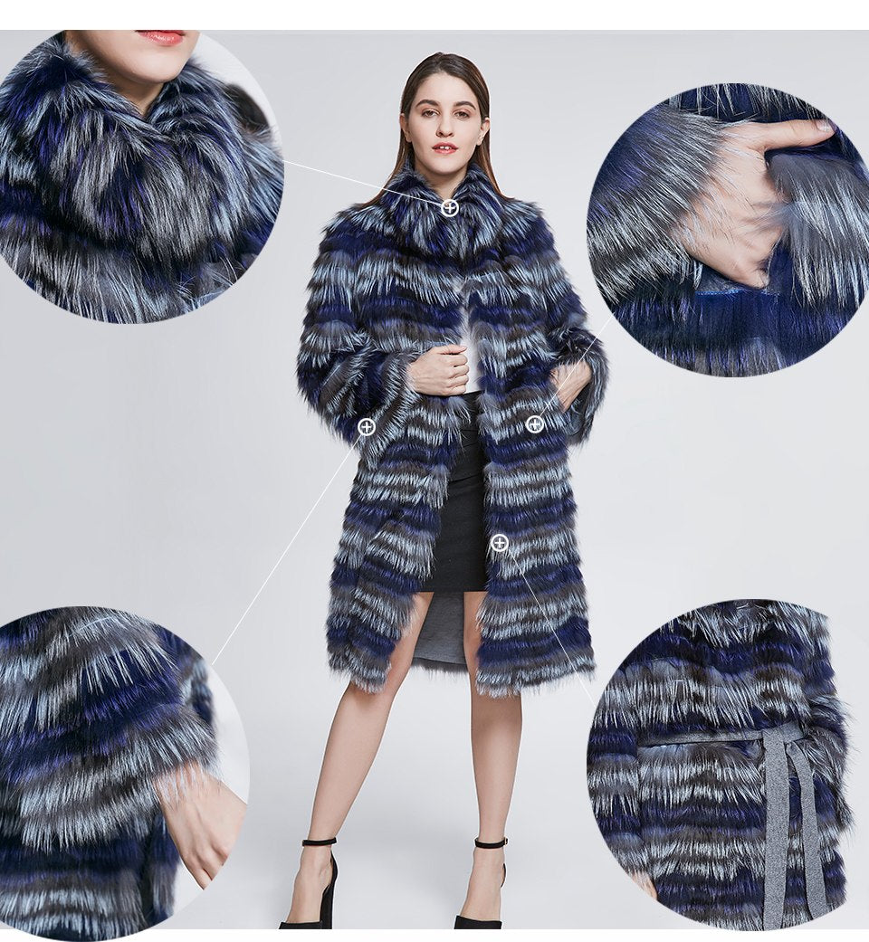 Fashion Belt Real Silver Fox Fur Coat