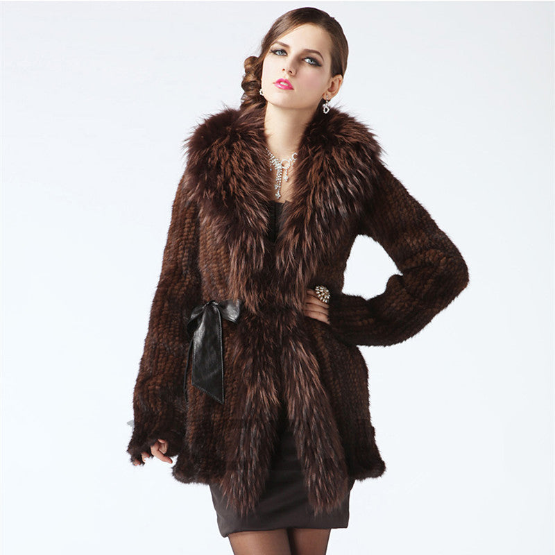 Genuine Knitted Mink Fur Coat Raccoon Fur Collar - Knot Bene