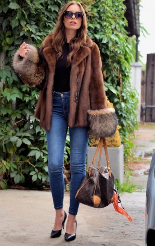 Luxury Fashion Mink Fur  With Fox Cuff Coat
