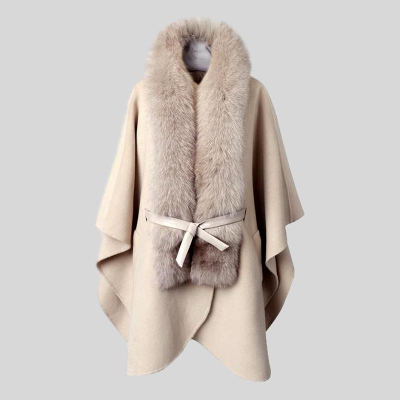 Fox Fur Collar Cloak Handmade 100% Double Woolen Coat
