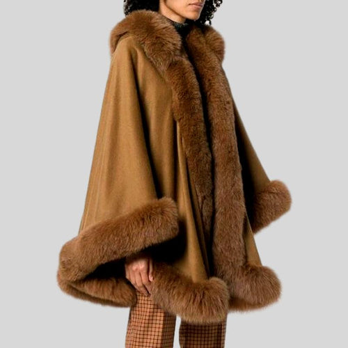 Natural Fox Fur Collar Cashmere Poncho