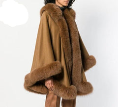 Natural Fox Fur Collar Cashmere Poncho