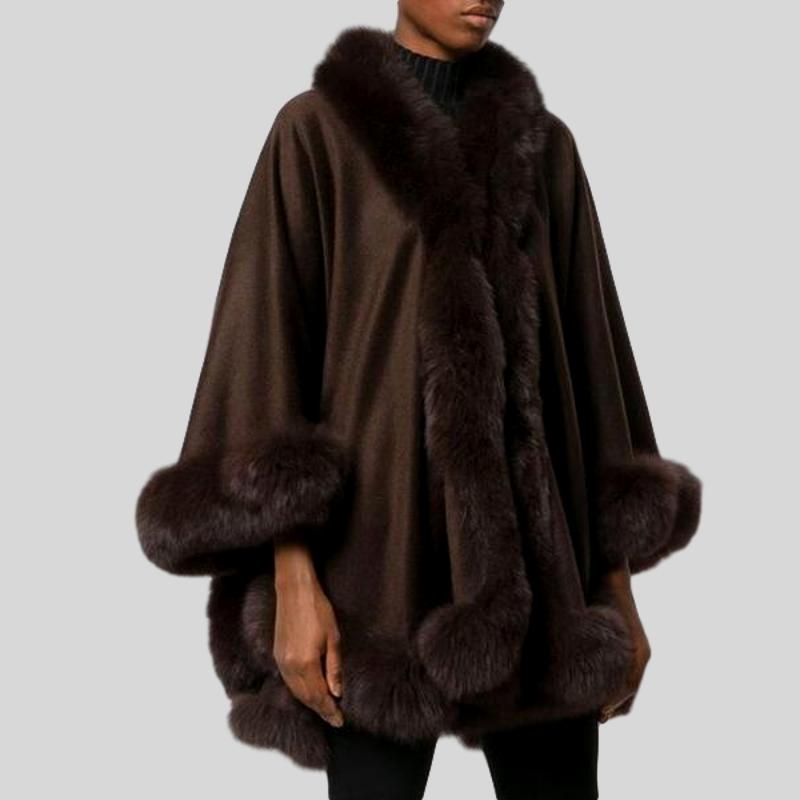 Natural Fox Fur Collar Cashmere Poncho