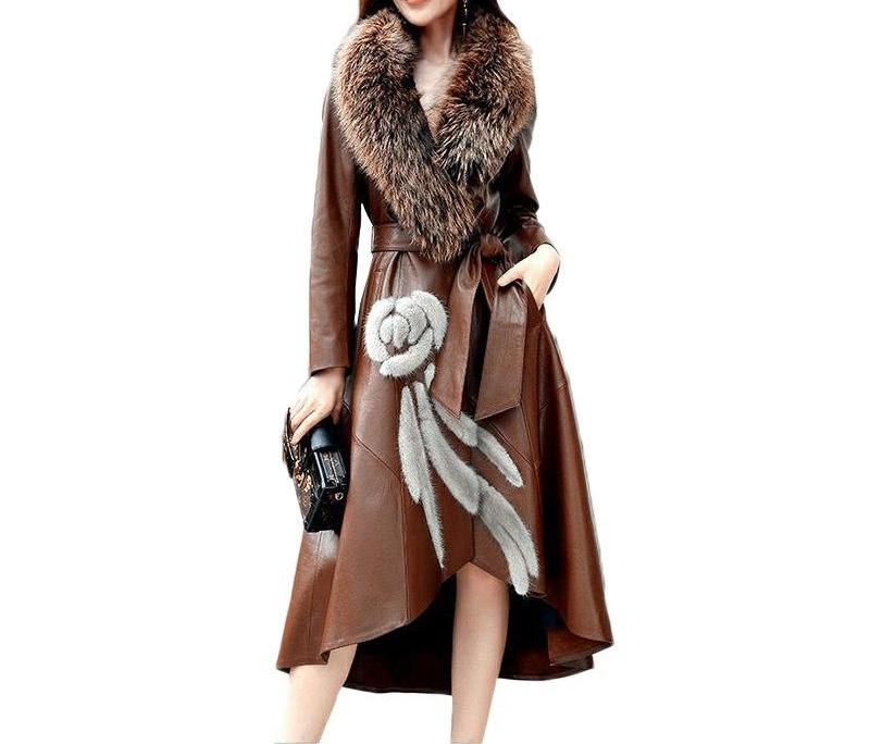 Genuine Fox Fur Collar  Leather Windbreaker Coat