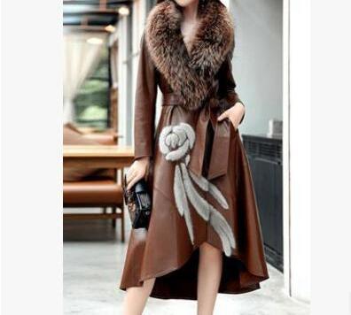 Genuine Fox Fur Collar  Leather Windbreaker Coat