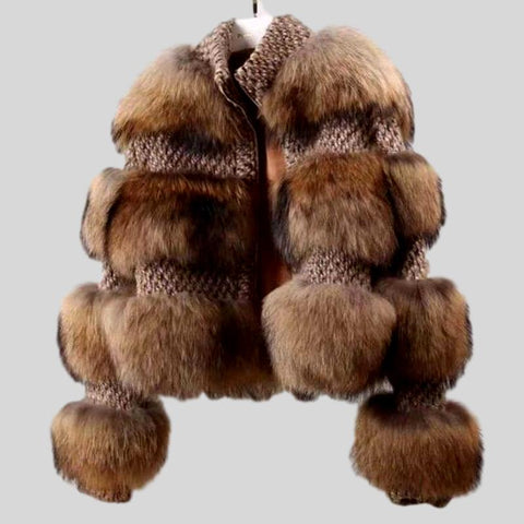 Natural Raccoon Fur Collar Woolen Coat