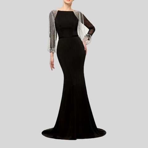 Luxury Feathers Black Elegant Half Sleeve Dress
