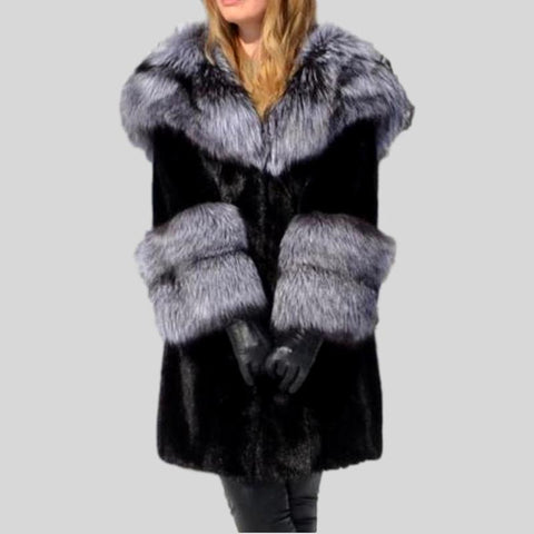 Genuine Mink  Fox Fur Collar Elegant Blue Fur Coat