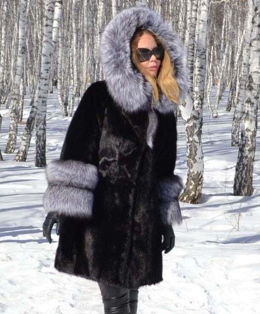 Genuine Mink Fur With  Silver Fox Fur Hood Collar and Fox Sleeved Coat