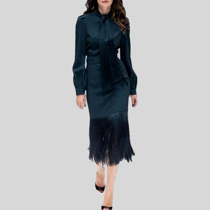 Two Pieces Single Breasted Bow Shirts and Tassel Slim Skirt Set