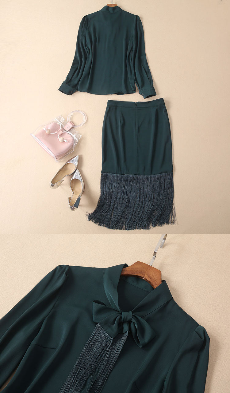 Two Pieces Single Breasted Bow Shirts and Tassel Slim Skirt Set