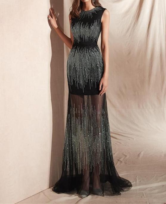 Bridal Black Formal Long Elegant Evening Sequins Luxury Dress