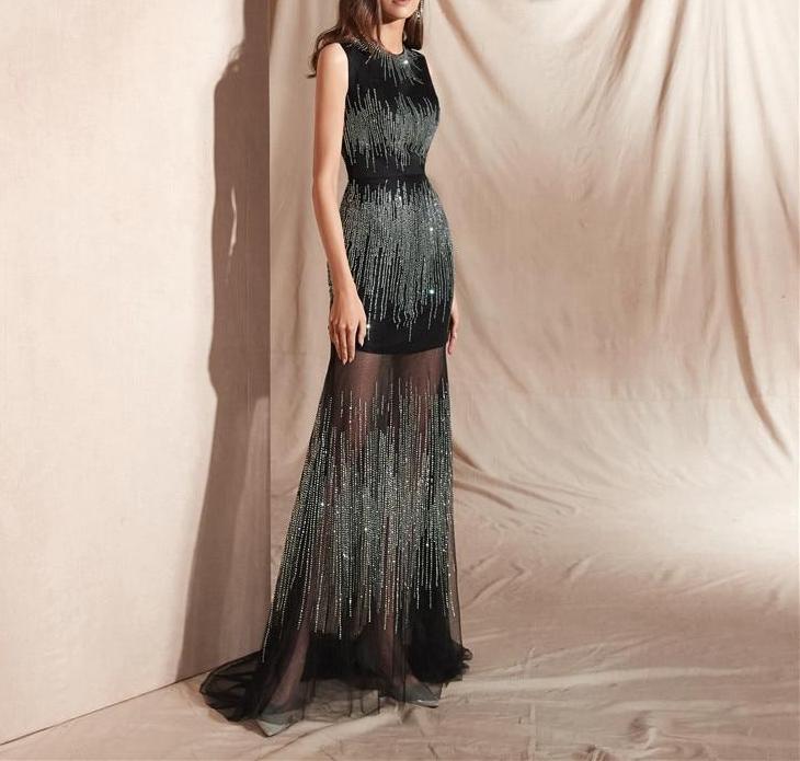 Bridal Black Formal Long Elegant Evening Sequins Luxury Dress