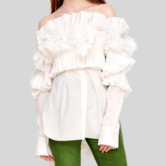 Spring Summer Slash Neck Long Sleeve Three-dimensional Ruffles Loose Top