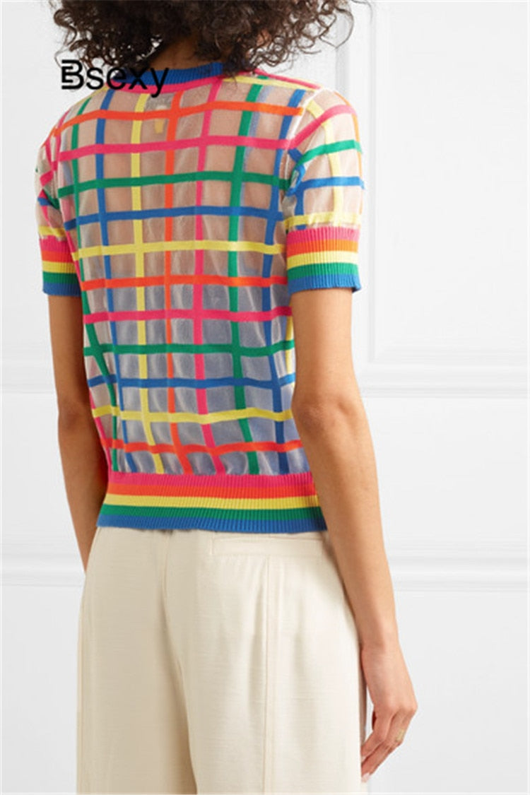 Rainbow Plaid Knitted Summer See though Pullover  Top