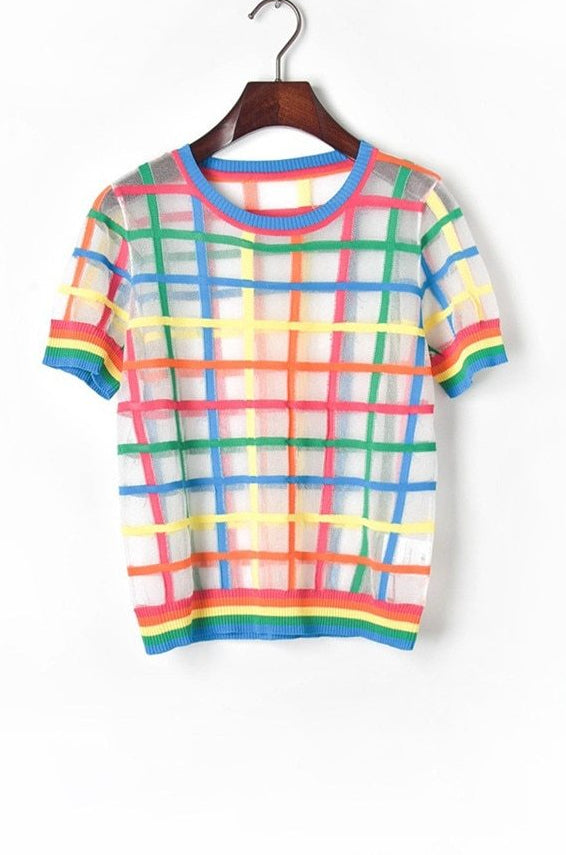 Rainbow Plaid Knitted Summer See though Pullover  Top