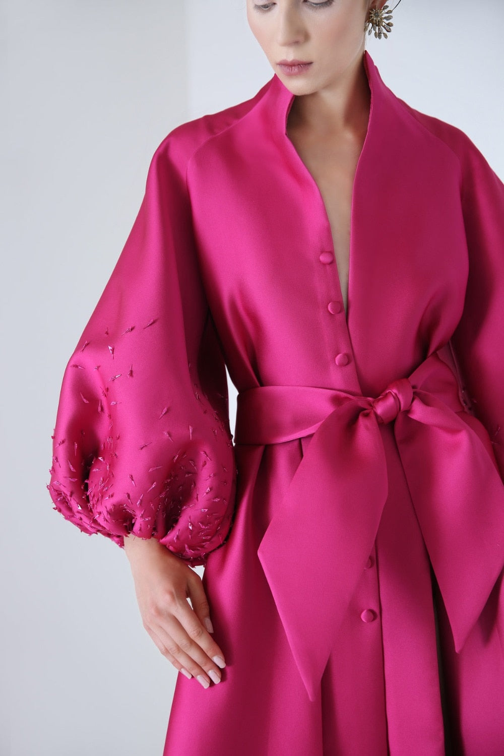 Flare Sleeves Pleated Fuchsia Formal Beading V Neck Dress
